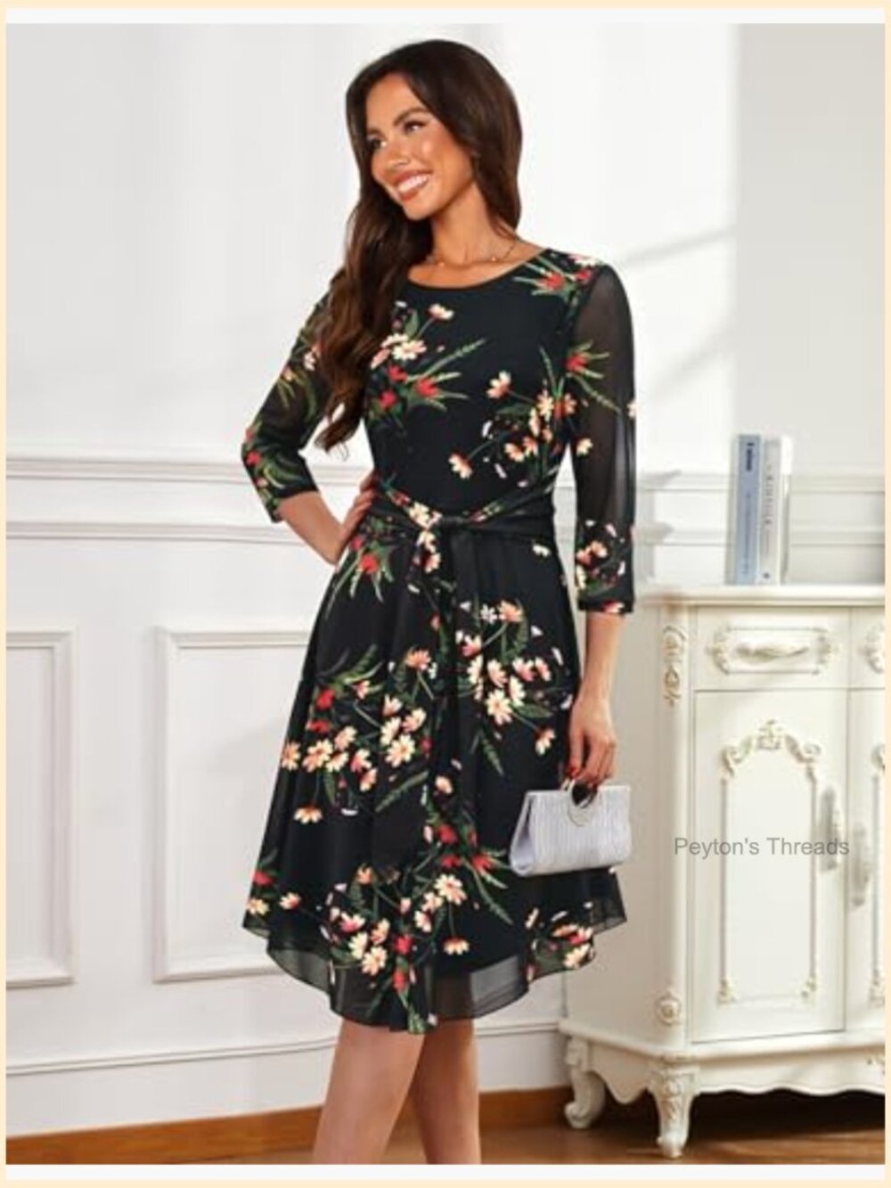 3/4 Sleeve Floral Mesh Midi Dress with Belt Cocktail Wedding Guest - Picture 2 of 6